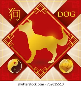 Poster with red good luck charm with golden frame symbols and silhouette of Chinese zodiac animal: Dog (written in Chinese calligraphy), earth fixed element representation and Yang symbol.
