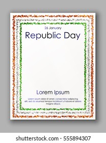 Poster with red, green, silver confetti, sparkles, glitter frame and space for text on white background. Vector illustration. Elements for Indian republic day.