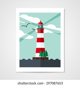 Poster with red lighthouse on island with seagulls. Vector illustration in flat style.