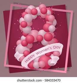 Poster with red and pink balls, balloons, confetti, dust shape 8 march sign with white ribbon and lettering. Greeting card template. Vector illustration. Elements for banner, holiday, party.