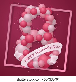 Poster with red and pink balls, balloons, confetti, dust shape 8 march sign with white ribbon and lettering. Greeting card template. Vector illustration. Elements for banner, holiday, party.