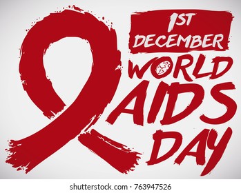 Poster with red ribbon in brushstroke style and reminder date to commemorate World AIDS Day in December 1.