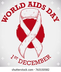 Poster with red ribbon in hand drawn style over a cross pattern background to commemorate World AIDS Day in December 1.