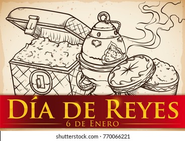 Poster with red ribbon and scroll with traditional offerings of the Magi for Baby Jesus in hand drawn style: gold, frankincense and myrrh for Dia de Reyes (written in Spanish) in January 6.