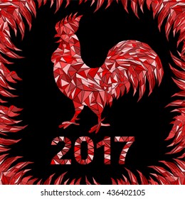 Poster of a red rooster on black background. Good for prints, covers, posters, cards, gift design. Happy 2017 Chinese New Year card.