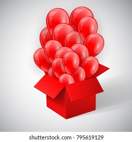 Poster with Red Shiny Balloons Bunch flying from open red box. Vector illustration.