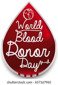Poster with red shiny drop badge like blood bag, isolated over white background for World Blood Donor Day celebration.