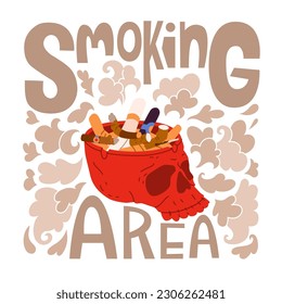 Un afiche con un cenicero rojo lleno de colillas de cigarrillo rodeado de nubes de humo. La zona de fumadores de inscripciones. Ilustración vectorial. Aislado sobre fondo blanco. 