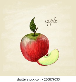 Poster with red watercolor apple. Vintage style.Vector illustration.