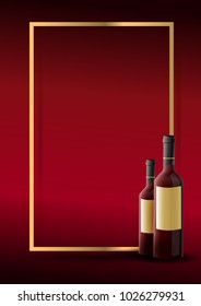 Poster for the red wine tasting event: Two bottles of red wine with empty label, on red background. Frame of golden color. Vector image