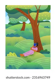 Poster with relaxed woman. Relaxed girl lies under tree and reads book against rural forest landscape. Free character enjoys loneliness, scenic nature and silence. Cartoon flat vector illustration