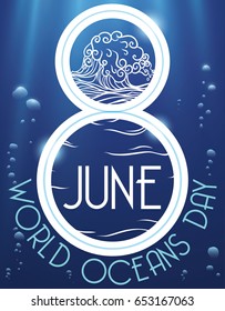 Poster with reminder date and giant number eight with a wave in hand drawn style over underwater view for World Oceans Day celebration in June.