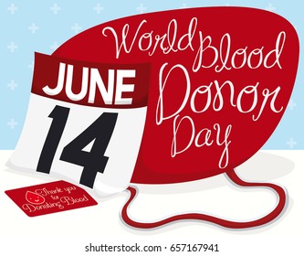 Poster with reminder date in loose-leaf calendar, sign and cute greeting card to celebrate World Blood Donor Day in June 14.