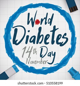Poster with reminder date of World Diabetes Day and lancet and test strips, tools for glucose control to remind you to take care of your health in this day.