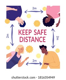 A poster reminding us to keep our distance during an epidemic. The arrow between the young people indicates the distance between them two meters. Vector illustration.