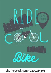 Poster with rent and rental electric bike. Ride cool bike. E-Bike. Bicycle sign for web or print. Green background with big city and geolocation icon . Vector illustration.