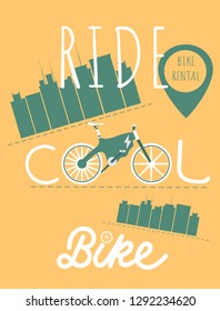 Poster with rent and rental electric bike. Ride a cool bike. E-Bike. Bicycle sign for web or print. Yellow background with big city and geolocation icon . Vector illustration.