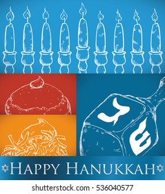 Poster with representative elements and some delicious dishes for Hanukkah: Chanukiah candles, dreidel (spinning top), sufganiyah (a type of doughnut) and latke (fried potato pancake).