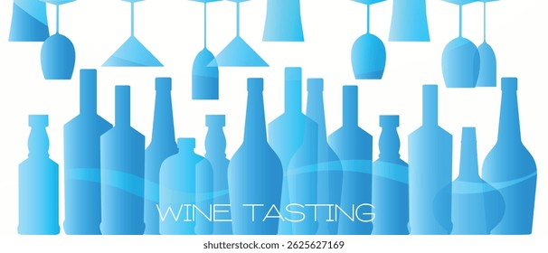 Poster for restaurant, bar, alcohol bottles and glasses set, flat style. Drink party, red wine, merlot, champagne, festival, beach party