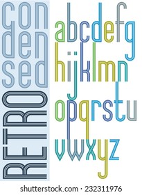 Poster retro bright condensed font, striped compact lowercase letters on white background.