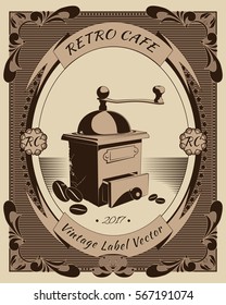 Poster Retro Cafe
Coffee grinder in a vintage frame. Vintage labels with place for text. Illustration vector.