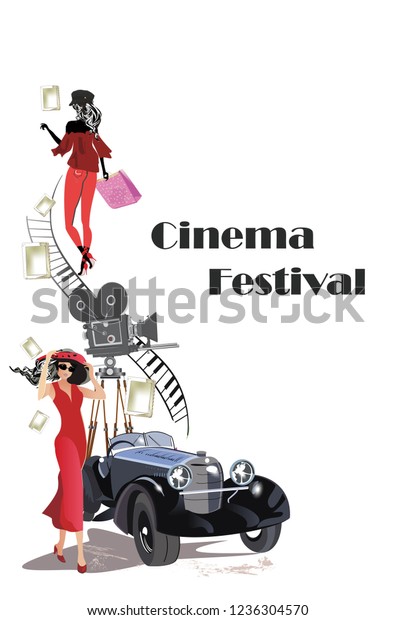 Poster with a retro\
cinema camera, retro car and fashion girls in red. Hand drawn\
vector illustration.