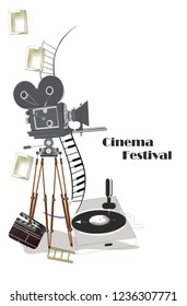 Poster with a retro cinema camera and record-player. Hand drawn vector illustration.