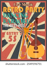 Un cartel para una fiesta de baile retro con una guitarra