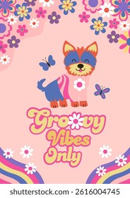 poster with  with retro dog yorkshire terrier, rainbow, flowers