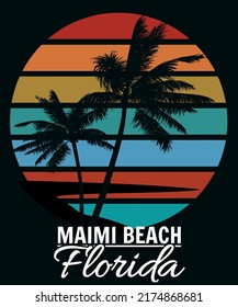 Poster Retro Florida Miami Beach sunset print t-shirt design. Poster palm tree silhouettes