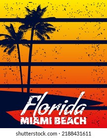 Poster Retro Florida Miami Beach sunset print. Poster grunge palm tree silhouettes