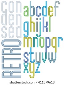 Poster retro font with triple stripes, colorful condensed lowercase letters on white background.