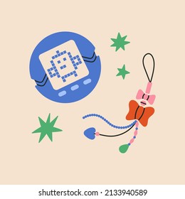 Poster with retro game and a trinket made of beads. Cute and stylish attributes from 90s. Games and beading. Hand drawn vector illustration. Vintage electronics and hobbies concept.