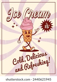 Poster in retro groovy style with ice cream. The poster is great for cards, brochures, flyers, and advertising poster templates. It is a vector illustration.