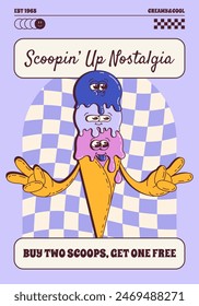 Cartel de personaje de helado retro que ofrece una oferta especial. Caricatura estilo groovy psicodélico helado mascota personaje. Comida y Ilustración vectorial de postre congelada.