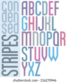 Poster Retro Light Striped Font, Bright Condensed Geometric Uppercase Letters On White Background.