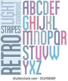 Poster retro light striped font, bright condensed geometric uppercase letters on white background.