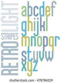 Poster retro light striped font, bright condensed lowercase letters on white background.
