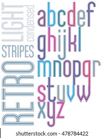 Poster retro light striped font, bright condensed lowercase letters on white background.