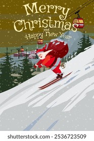 Poster retro Merry Christmas, Santa Claus skiing in snow mountains