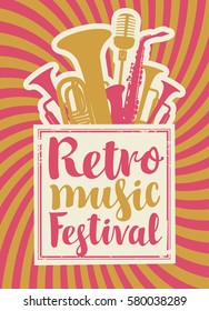 poster for the retro music festival with vinyl record, wind instruments and microphone