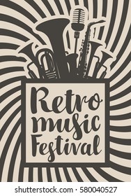 poster for the retro music festival with vinyl record, wind instruments and microphone