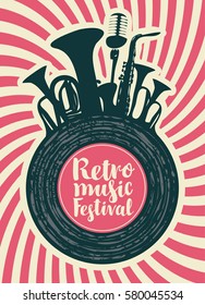 poster for the retro music festival with vinyl record, wind instruments and microphone