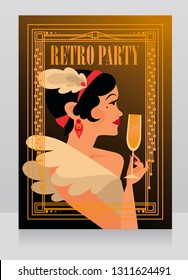 Poster for retro party with elegant lady drinking champagne, black and golden, vector illustration