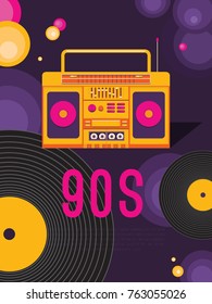 Poster retro party. Music of the 90s and 80s. Template flyer with cassette tape recorder. Vector background for invitation, card, ticket, banner, label, tag, cover, album. Illustration in retro style