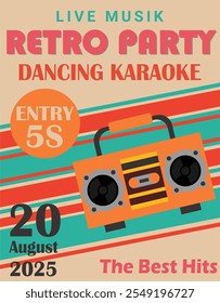 a poster for a retro party with a radio and a microphone
