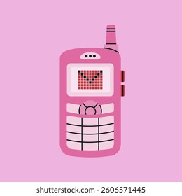 Poster with a retro phone. Cute and stylish mobile phone with buttons. Old model from 90s. Pixel picture on the screen. Hand drawn vector illustration. Vintage wireless electronics concept.