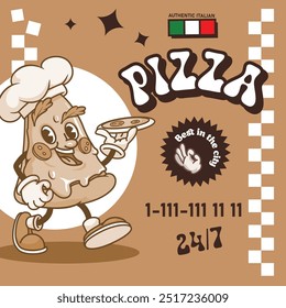 Poster with a retro pizza character design template. Trending groovy style. Vector illustration.