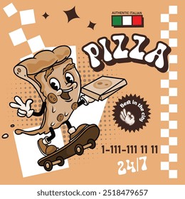 Poster with a retro pizza character design template. Trending groovy style. Vector illustration.