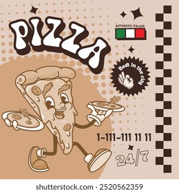 Poster with a retro pizza character design template. Trending groovy style. Vector illustration.